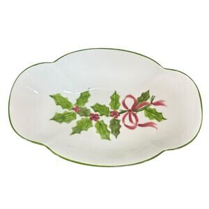N.S. Gustin Pottery Bread Tray Serving Bowl 13" Holly Christmas USA Discontinued